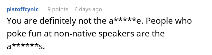 Screenshot of a comment calling out judgmental Americans for mocking non-native speakers.