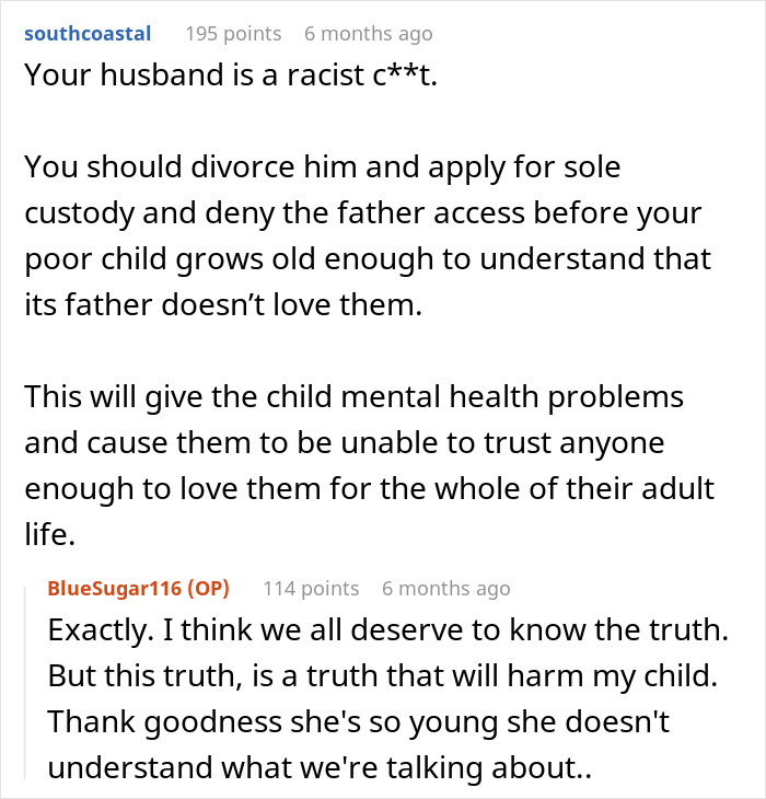 Text exchange discussing a husband's inability to connect with his child, mentioning racism and mental health concerns.