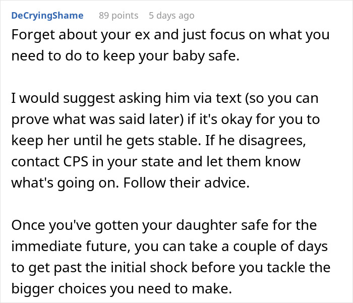 Reddit comment offering advice on keeping a baby safe, mentioning contacting CPS if needed.