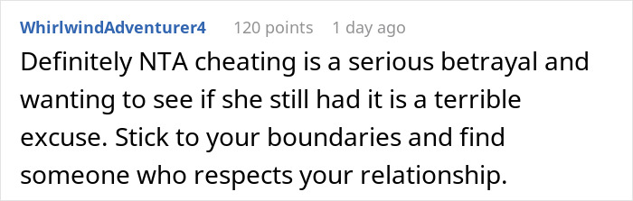 Comment advising against taking back a cheating girlfriend, emphasizing boundaries and respect.