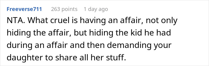 Screenshot of a comment criticizing a husband's affair and the demand for his daughter to share her belongings.