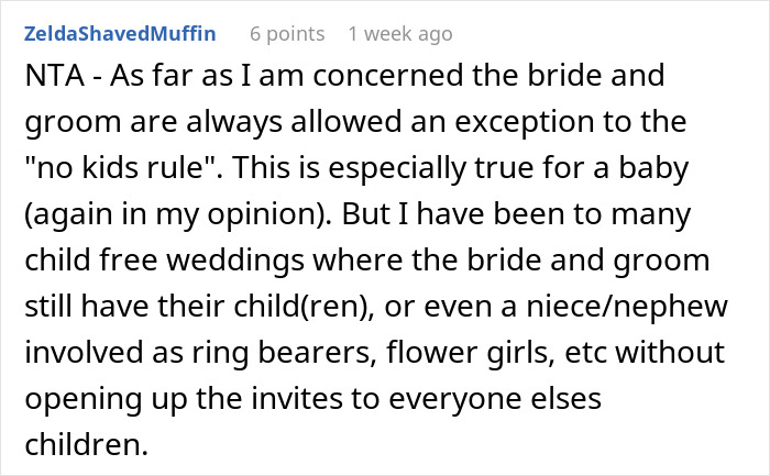 Text screenshot discussing exceptions for children at child-free weddings.