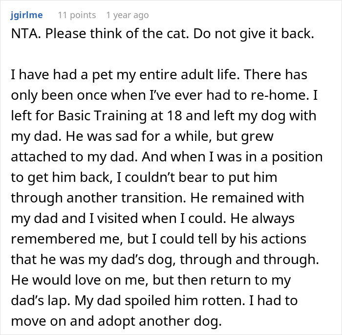 Reddit comment discussing pet rehoming, emphasizing the cat's attachment and urging caution in returning it.