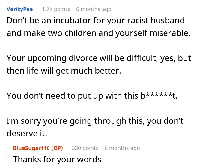 Comment discussing marital issues and advice related to cultural differences and racism.