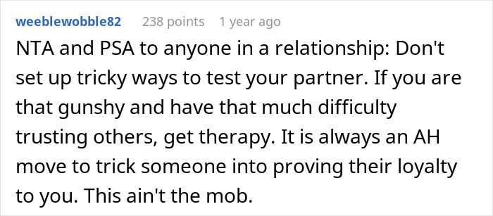 Text from a user advising against using tricky ways to test partners in relationships.