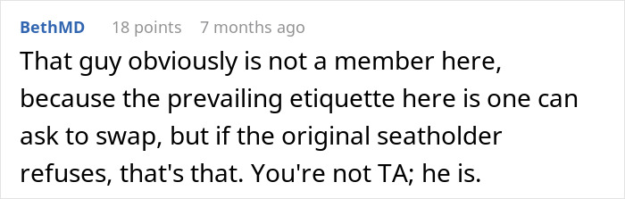 Reddit comment on entitled plane passenger refusing to switch seats, highlighting airplane etiquette.