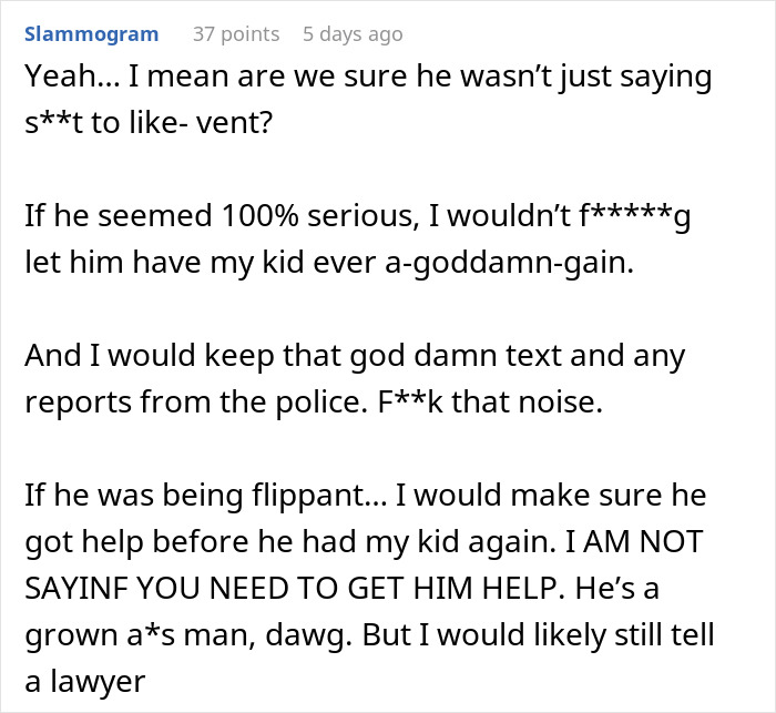 Reddit comment discussing a dad leaving a baby at his ex's door, addressing the situation's seriousness.