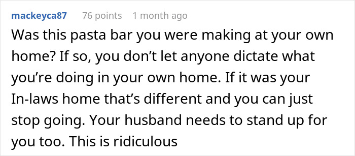 Text comment about MIL upset over someone hating her favorite pizza place and dictating home dining choices.