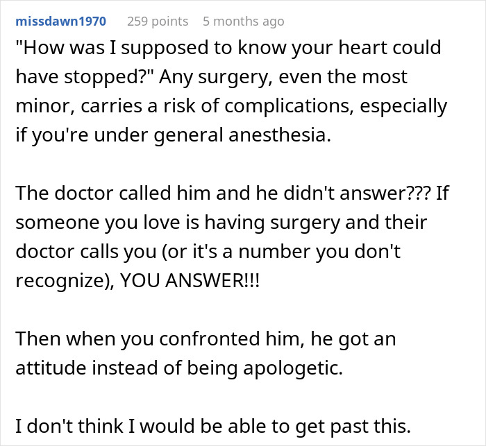 Screenshot of a comment discussing a husband who left his wife during surgery, expressing frustration and disbelief.