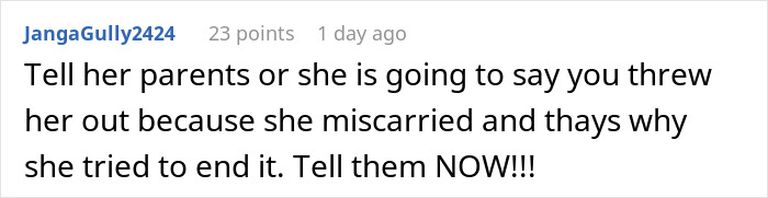 A comment discussing girlfriend-baby-drama, advising to inform her parents to avoid misunderstandings after a miscarriage.