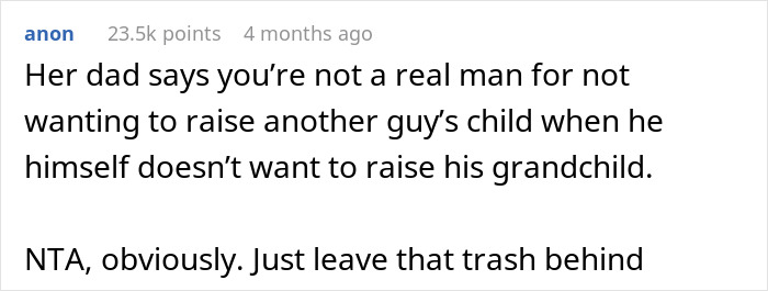 Reddit comment discussing whether a teen is a "real man" for not raising a child that's not his.