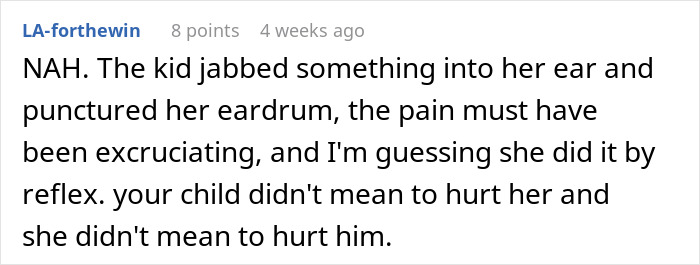 Forum comment about an incident involving a child's reflex and ear injury, discussing unintended harm.