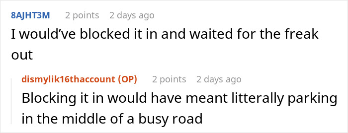 Reddit comments about illegal parking, discussing blocking in a car on a busy road.