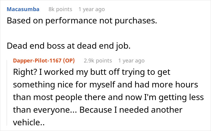 Reddit conversation discussing a boss reducing employee hours after motorcycle purchase.