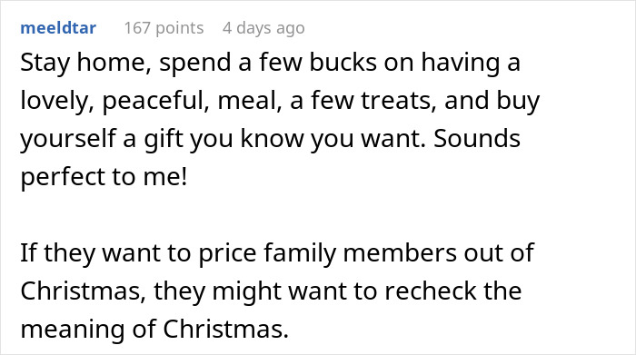 Screenshot of a comment discussing skipping a family Xmas due to gift expenses.