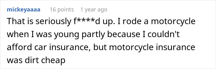 Text comment on a website discussing affordable motorcycle insurance compared to car insurance.