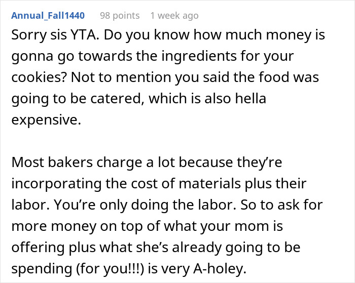 Text comment discussing daughter charging parents for Christmas cookies, citing costs and efforts involved.