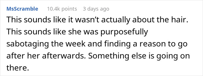 Reddit comment discusses wedding sabotage, involving demands about hair and complex family dynamics.