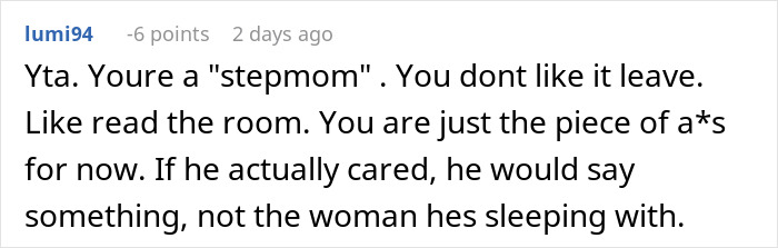 Reddit comment discussing a conflict involving a stepmom and ex-husband, with negative tone.