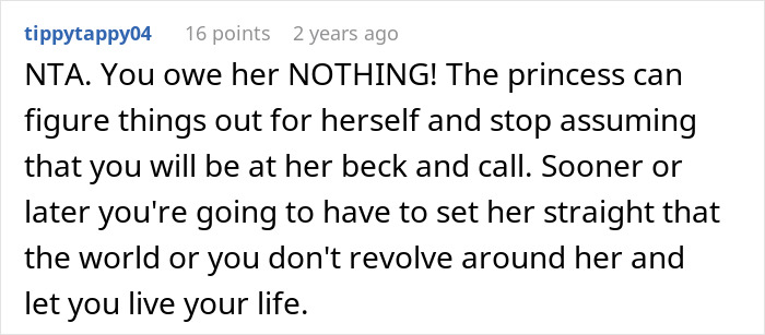 Reddit comment discussing refusal to babysit sister's kids during vacation.