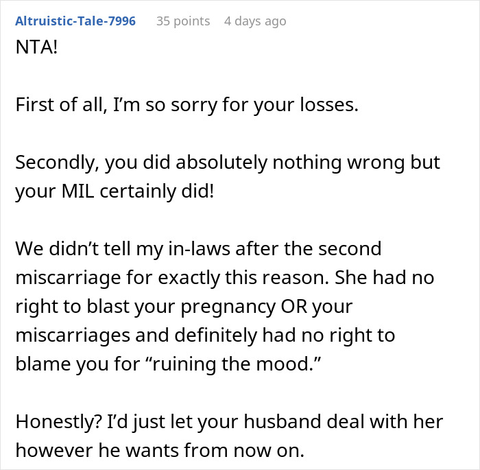 Reddit comment giving support after MIL disclosed miscarriages at Thanksgiving.