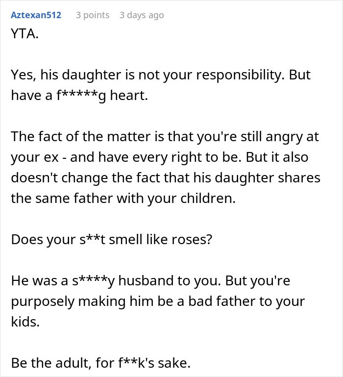 Reddit comment discussing responsibility for ex's affair child, focusing on the importance of being the adult.