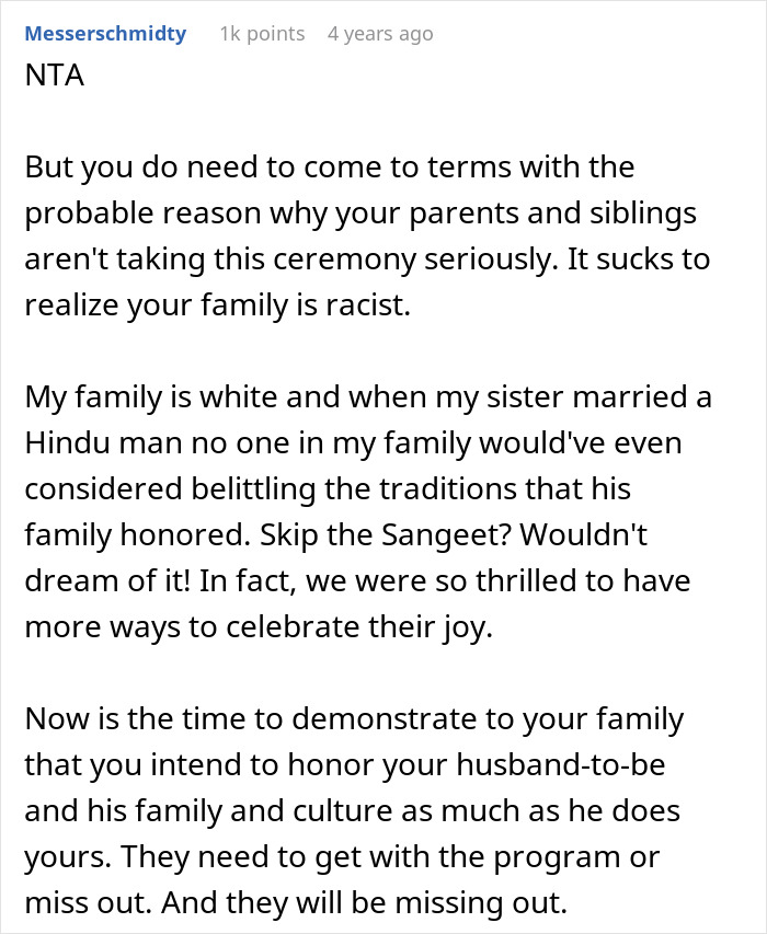 Screenshot of a comment discussing cultural respect in the context of a bride's wedding and family traditions.