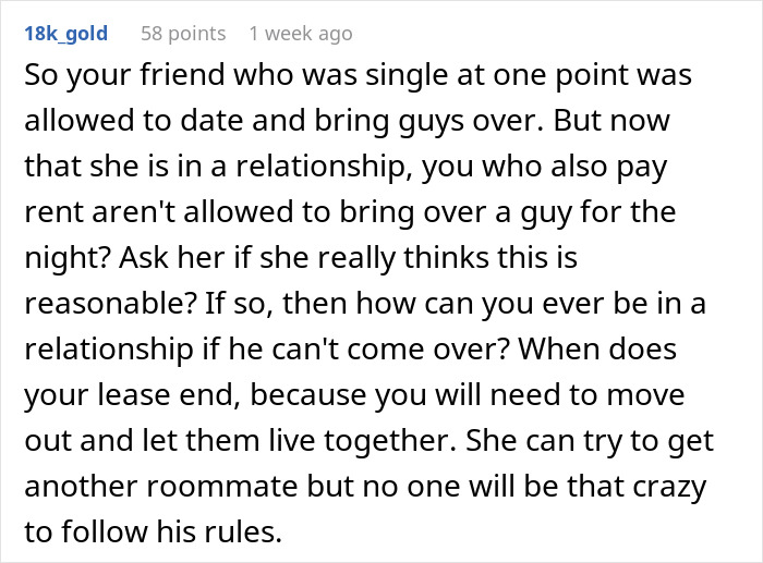 Text screenshot of a discussion about a roommate conflict over relationship rules and living arrangements.