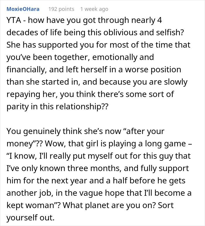 Text discussing a woman leaving her boyfriend due to a lack of self-awareness after supporting him financially.