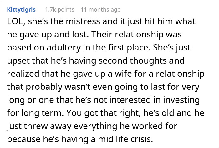 Comment discussing ex-husband's regrets and mid-life crisis after 17-year marriage ends in adultery.