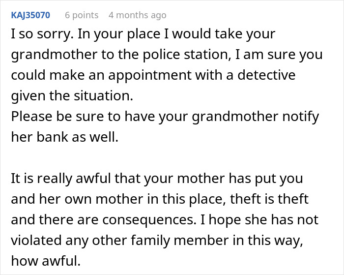 User advises taking grandmother to police station over suspected fraud.