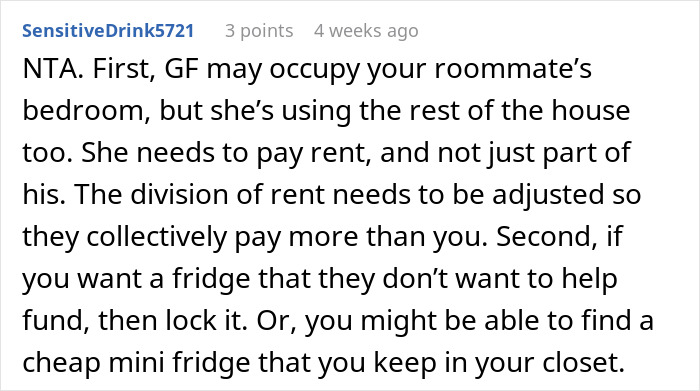 Reddit comment advising on an awkward living situation after girlfriend moves in, suggesting rent adjustments and a personal fridge.