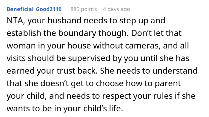 Reddit comment advising a woman to set boundaries with her mother-in-law to see her baby.