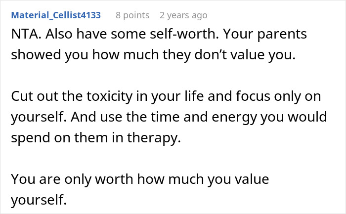 Reddit comment advising someone to value themselves and avoid toxic family; related to guy refusing babysitting.