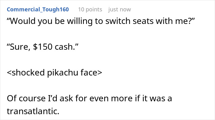 Person declines seat switch with lady, asks for $150; context of possible deception regarding mobility issues.