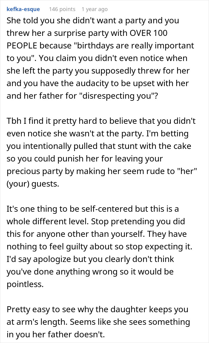 Woman upset after stepdaughter leaves $10K party with 100 guests, Reddit comment explains reasons for daughter’s reaction.