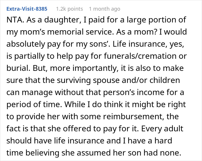 Text comment discussing life insurance for funeral costs and family support.