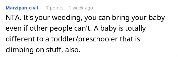 Comment on child-free wedding debate, supporting bride bringing her baby.