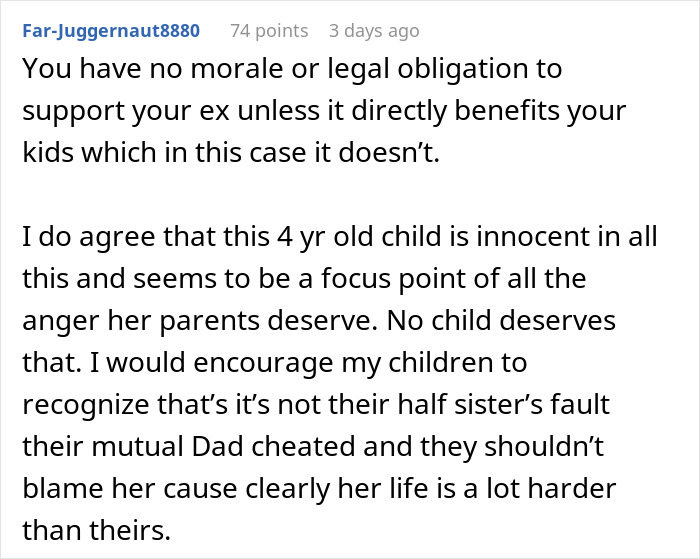 A comment discussing obligations and emotions related to an ex's affair child and legal responsibilities.