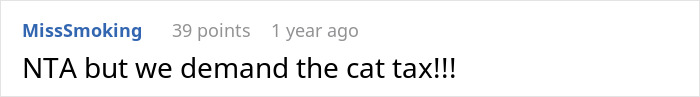 Reddit comment about cat rehoming, saying, "NTA but we demand the cat tax!