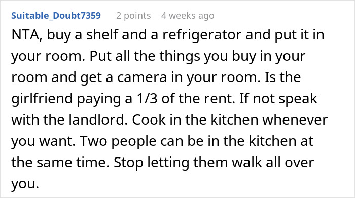 Comment suggesting solutions for an awkward living situation due to a girlfriend moving in.