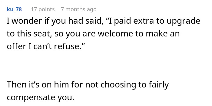 Comment discussing entitled plane passenger denied seat upgrade.