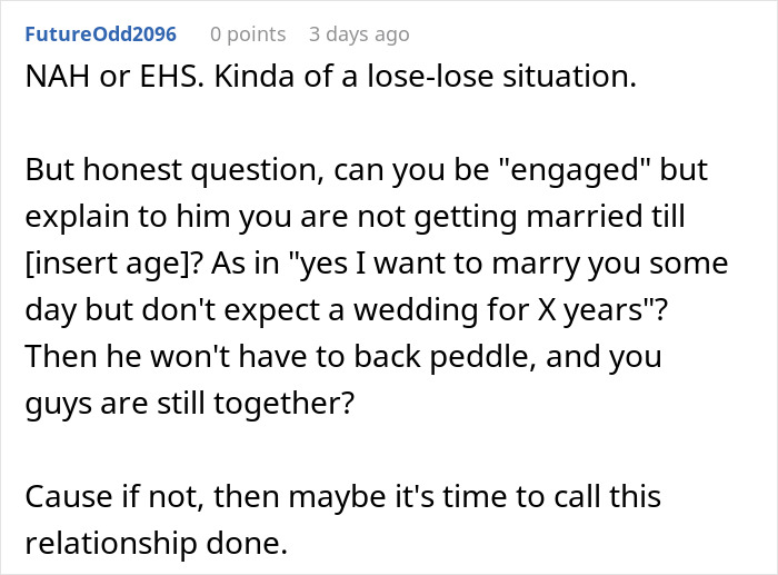 Reddit comment discussing engagement timing and relationship advice.