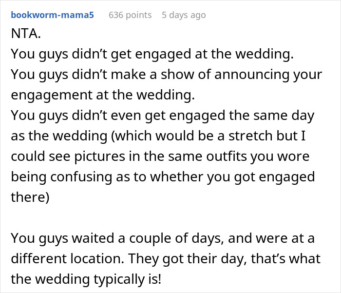 Screenshot of a comment discussing brother wedding engagement timing and etiquette.