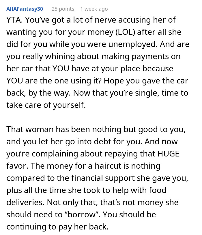 Text discussing a woman's financial support to an unemployed boyfriend and his lack of self-awareness.