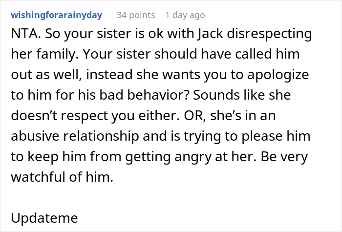 Text comment about a sister's refusal to address a sibling's boyfriend during Christmas dinner.