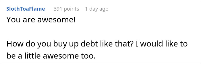 "Comment praising person for clearing debt of 1642 people, asking how they did it.