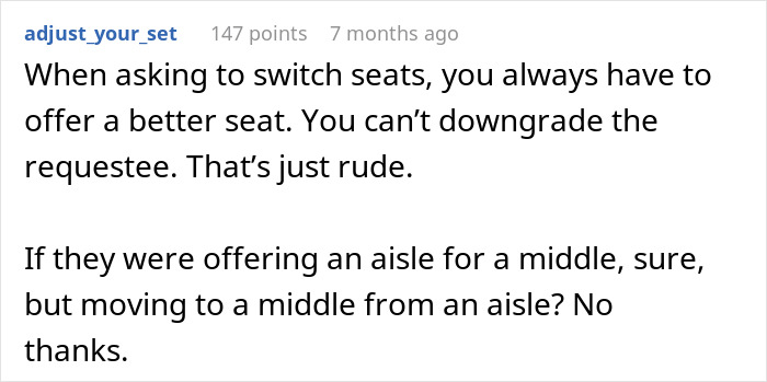 Text exchange about entitled plane passenger refusing seat downgrade, sparking a tantrum.