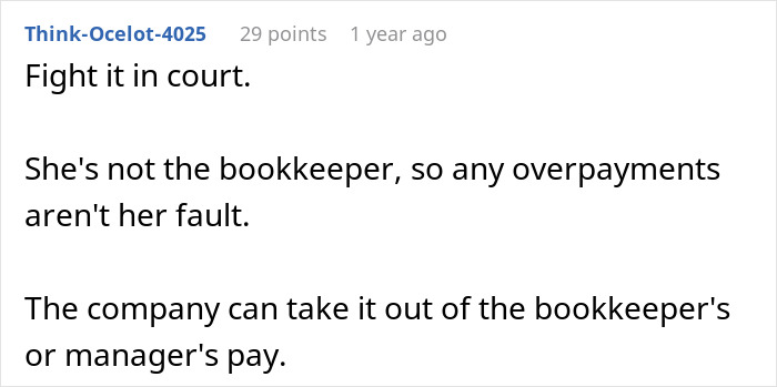 Text discussion on handling employer demands for a 16-month overpayment, suggesting legal action and responsibility shift.