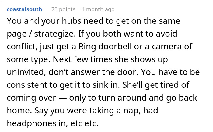 Text advice on handling unannounced strangers, suggesting strategies like using a doorbell camera and consistent non-response.